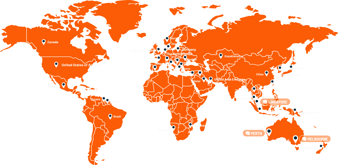 Map showing TUFFWRAP Australia's operational footprint with pinned locations including Melbourne, Perth and Singapore.
